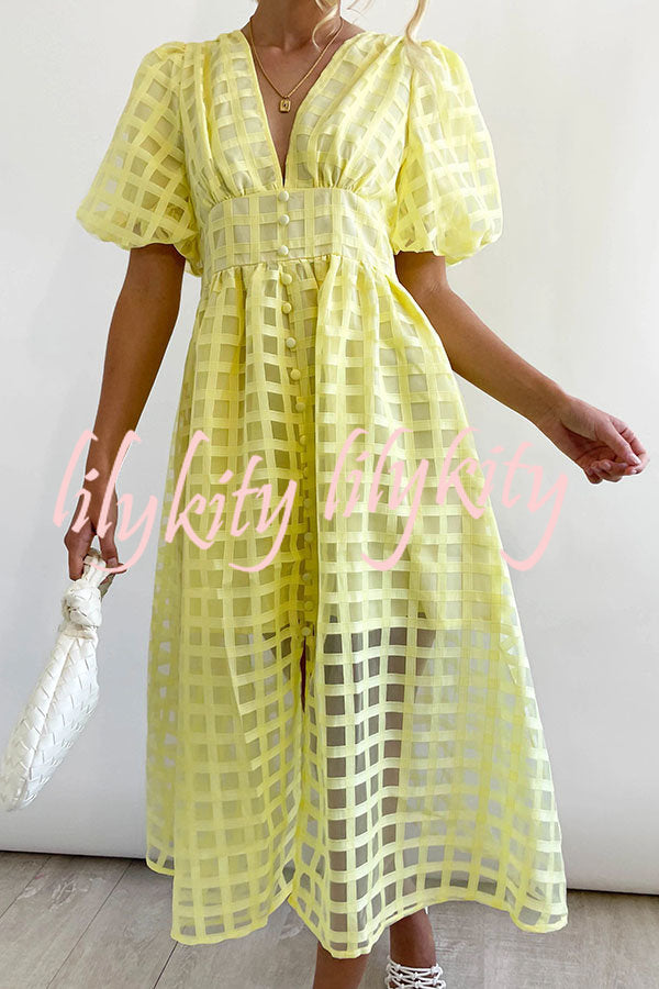 Remarkable Beauty Square Patterned Fabric Puff Sleeve Midi Dress