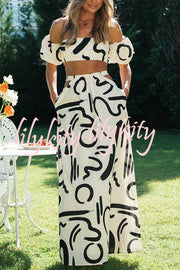 Allegra Doodle Printed Off Shoulder Crop Top and Pocketed Cutout Maxi Skirt Set
