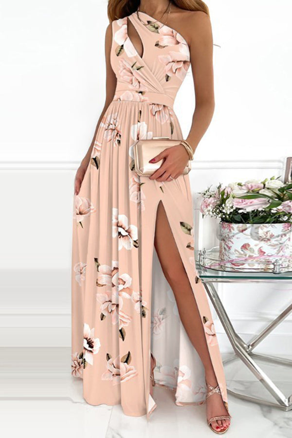 Jolie Floral One Shoulder Cutout Slit Maxi Dress