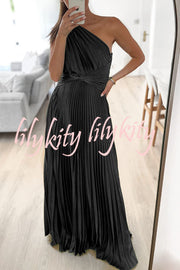 Keira One Shoulder Pleated Satin Maxi Dress