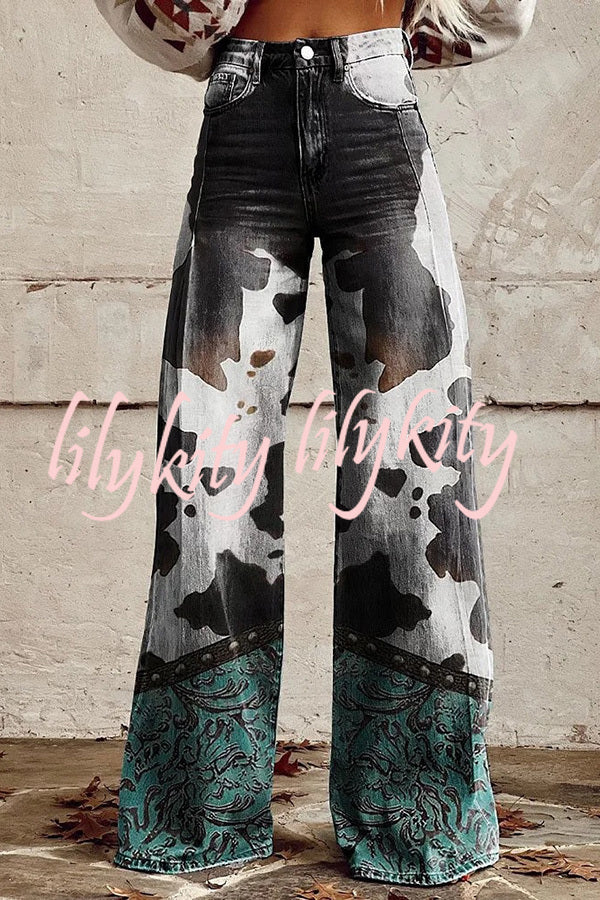 Beautiful Unique Print Button Pocket Wide Leg Pants