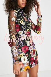 Elegantly Enchanted Floral Applique Backless Long Sleeve Mini Dress