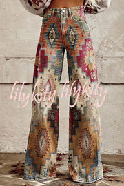 Beautiful Unique Print Button Pocket Wide Leg Pants