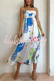 She's The Fun Linen Blend Playful Print Ladder Trim Midi Dress