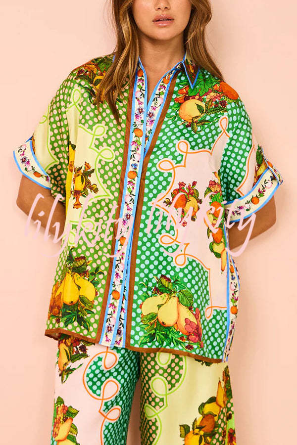 Enjoy Summer Lemon Satin Unique Print Button Down Oversized Blouse