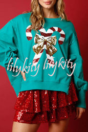 Candy Cane Lane Sequined Pullover Long Sleeved Sweatshirt