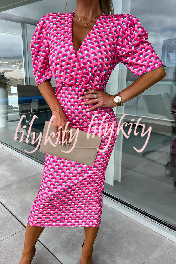 Late Night Gala Satin Printed Puff Sleeve Midi Dress