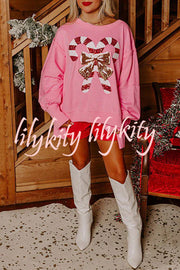 Candy Cane Lane Sequined Pullover Long Sleeved Sweatshirt