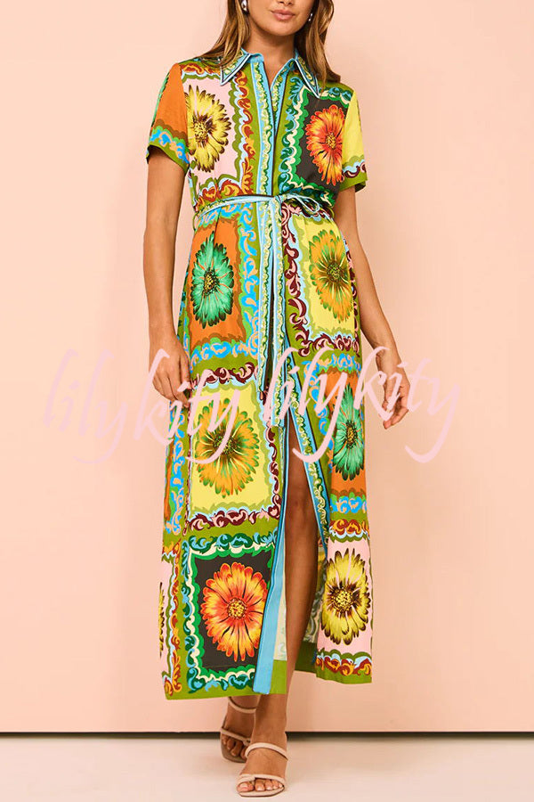 Exaggerated Unique Print Lace Up Button Maxi Dress