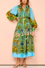 Feeling Butterflies Multi Unique Print Balloon Sleeve Belt Shirt Midi Dress