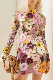 Elegantly Enchanted Floral Applique Backless Long Sleeve Mini Dress