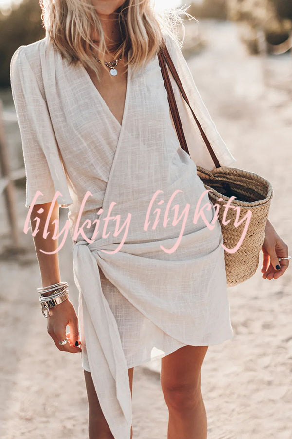 Easy Breezy Cotton Linen Blend Knotted Wrap Mini Dress