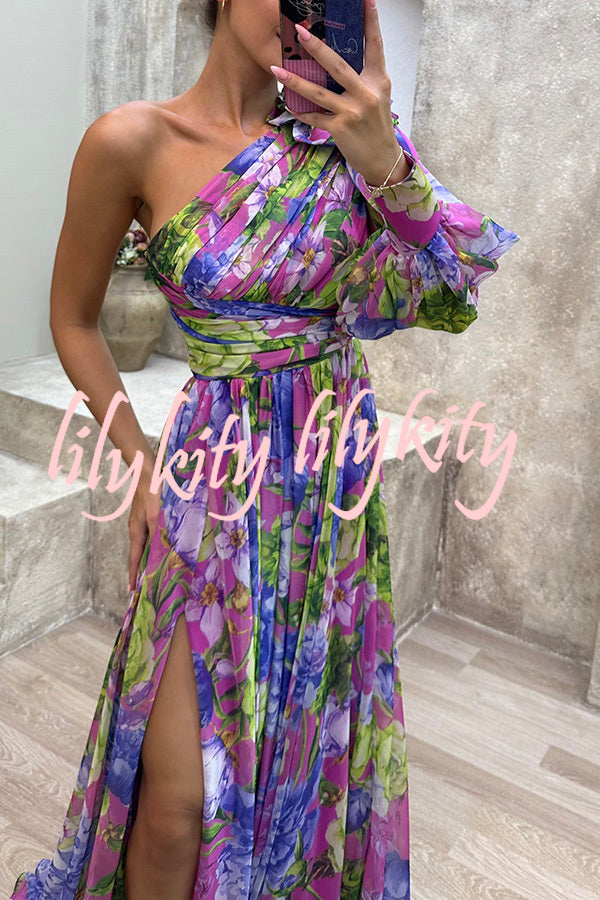 Let's Elope Floral Print Pleated One Shoulder Sleeve Slit Maxi Dress