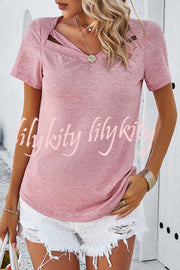 Casual Solid Color Short Sleeved V Neck Hollow T-Shirt