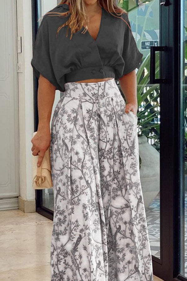 Sharity Printed Button Crop Wide Leg Pant Set