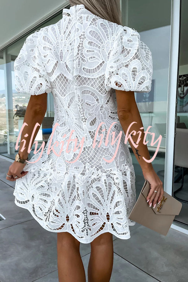 Ever So Sweet Crochet Lace Puff Sleeve Mini Dress