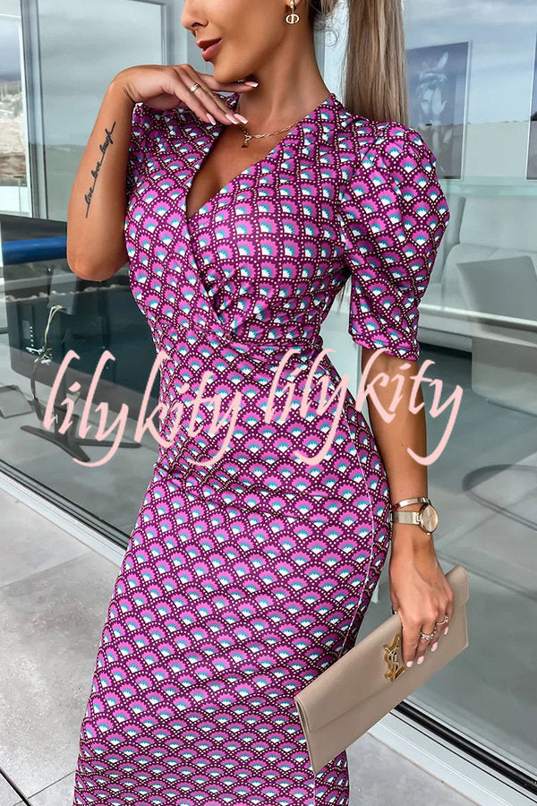 Late Night Gala Satin Printed Puff Sleeve Midi Dress