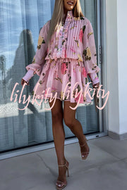 Sunset and Dreams Floral Print Subtle Tuck Lantern Sleeve Belt Mini Dress