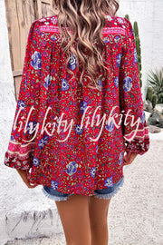 Intricate Floral Print V Neck Lace Up Paneled Long Sleeve Shirt