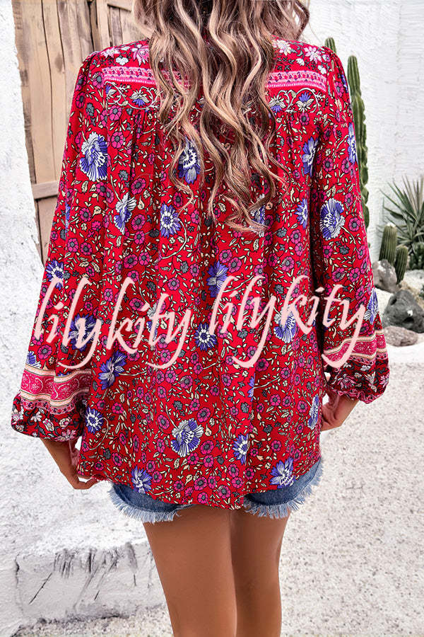 Intricate Floral Print V Neck Lace Up Paneled Long Sleeve Shirt