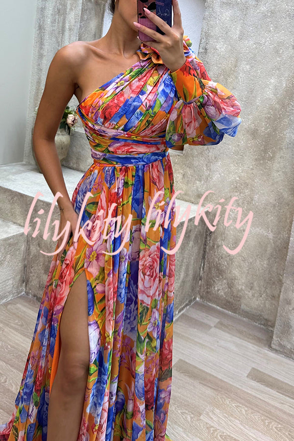 Let's Elope Floral Print Pleated One Shoulder Sleeve Slit Maxi Dress