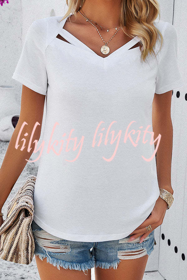 Casual Solid Color Short Sleeved V Neck Hollow T-Shirt