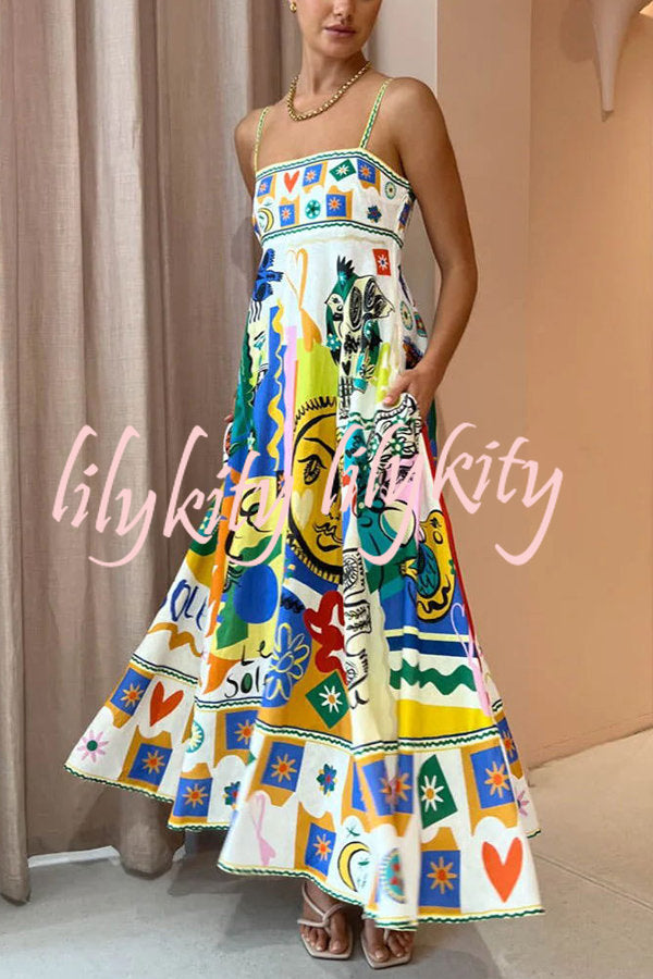 Joyful Glow Goddess Linen Blend Unique Print Pocketed Smocked Back Midi Dress