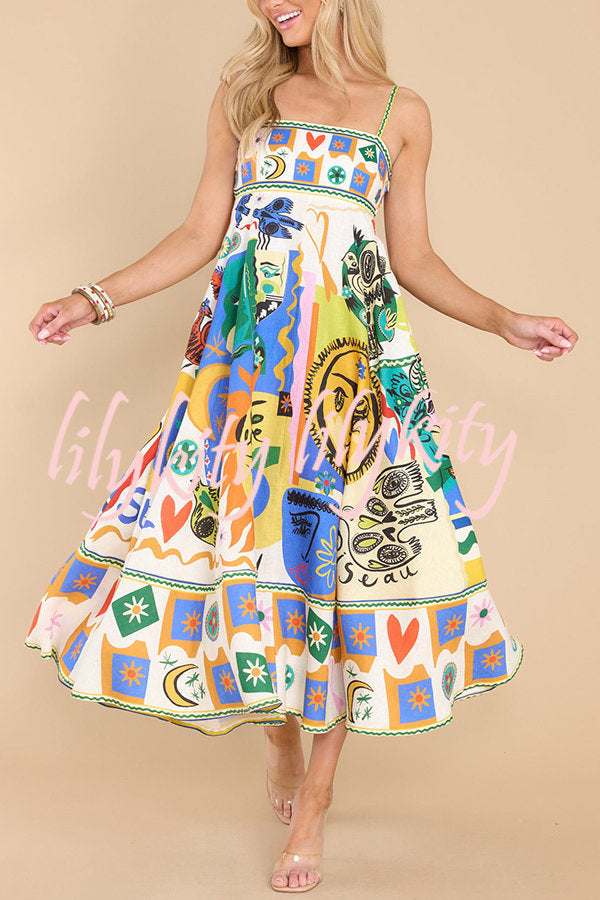 Joyful Glow Goddess Linen Blend Unique Print Pocketed Smocked Back Midi Dress