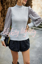 Sequined Paneled Knitted Long Sleeved Shirts