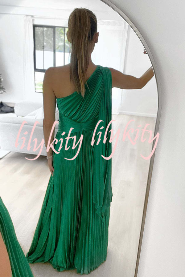 Keira One Shoulder Pleated Satin Maxi Dress