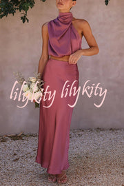 Such A Vibe High Neck Satin Drape Maxi Skirt Set