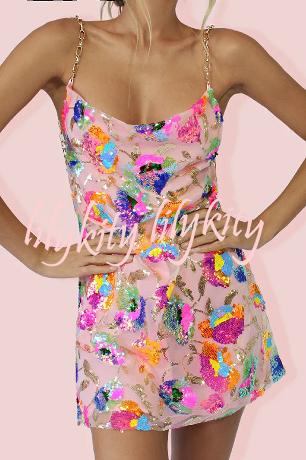 Round Neck Backless Sequin Floral Chain A Line Mini Dress