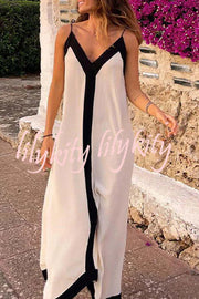 Traveling The Horizon Satin Colorblock Strap Loose Maxi Dress