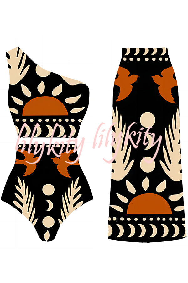 Abstract Art Birds and Sun Print Color Block High Waist Bikini And Skirt