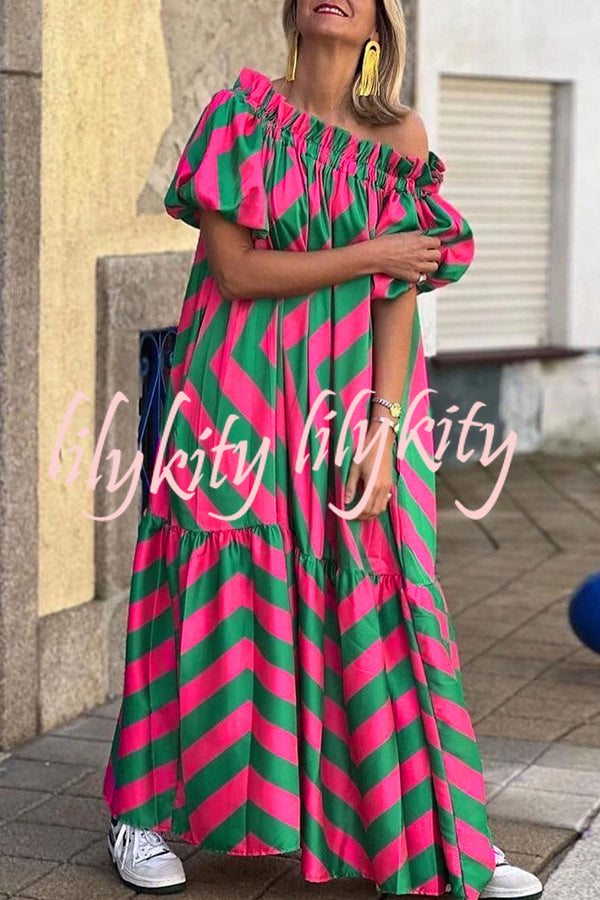 Exquisite Striped Patchwork Bell Sleeve Pocket Maxi Dress