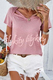 Casual Solid Color Short Sleeved V Neck Hollow T-Shirt