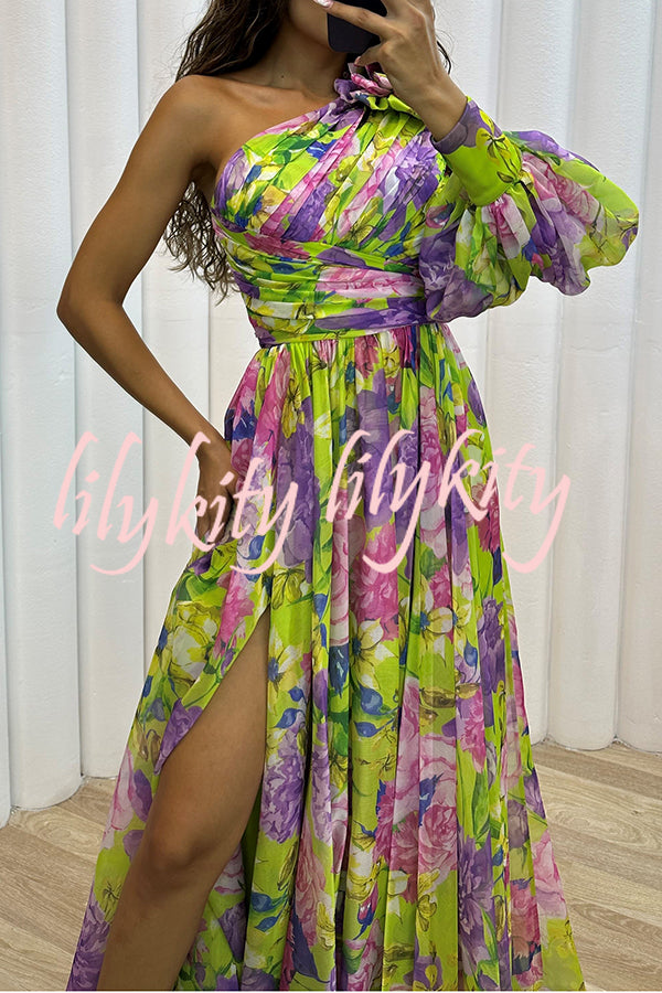 Let's Elope Floral Print Pleated One Shoulder Sleeve Slit Maxi Dress