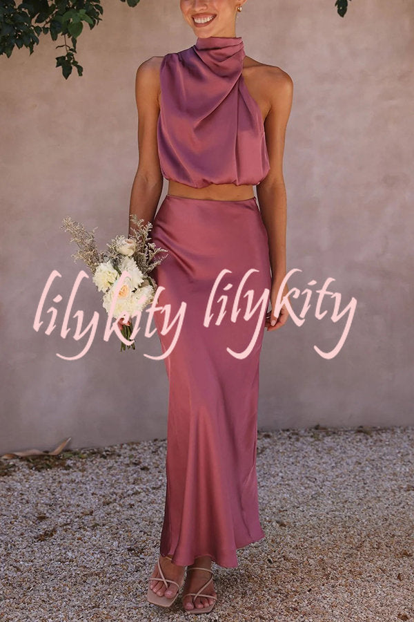 Such A Vibe High Neck Satin Drape Maxi Skirt Set