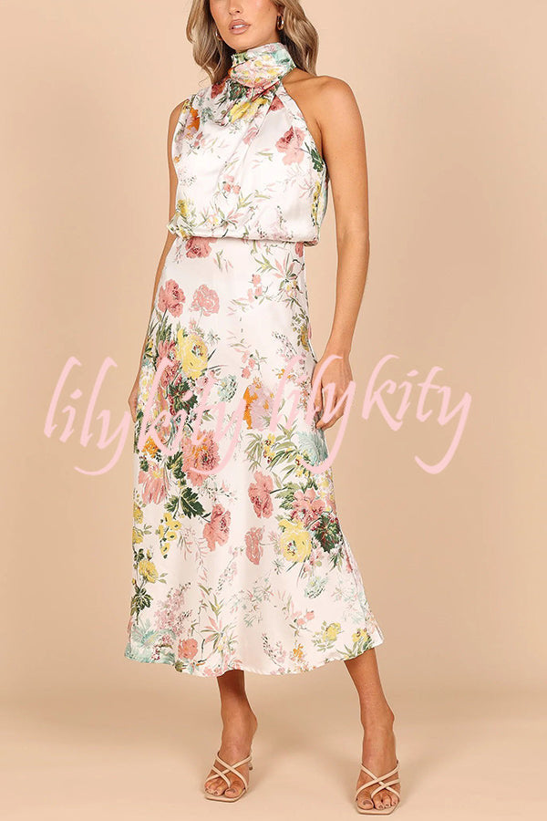 Wine Country Dates Floral Halter Neck Elastic Waist Maxi Dress