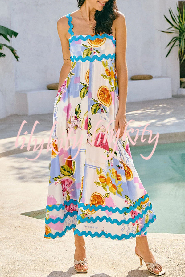 Vivi Fruit Floral Print Wave Pocket Maxi Dress