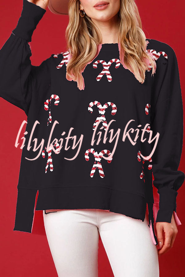 Sequined Candy Cane Crew Neck Pullover Sweatshirt