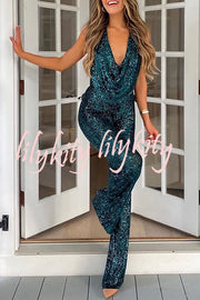 Shimmering Halter Style Drape Neck Wide Leg Jumpsuit