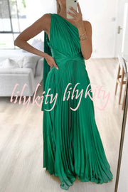 Keira One Shoulder Pleated Satin Maxi Dress