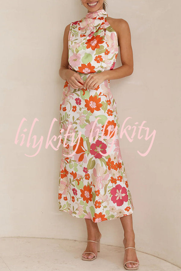 Fascinating Day Floral Halter Neck Elastic Waist Maxi Dress