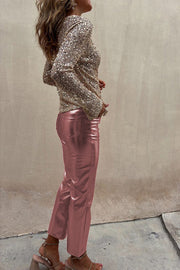 Sinclair Metallic Faux Leather High Rise Pocketed Straight Pants