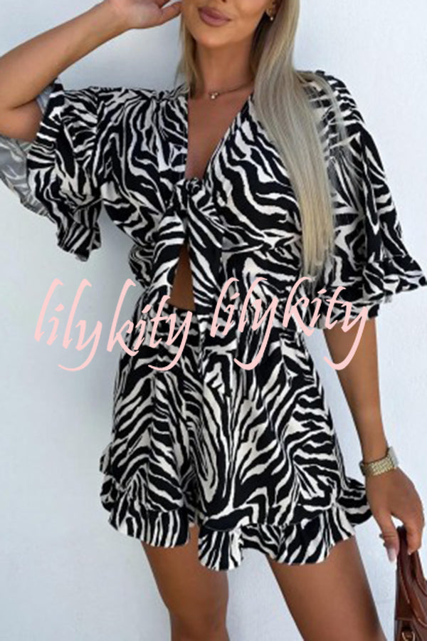 Zebra Print Ruffled Sleeves Dropped Sleeves V Neck Tie High Waist Romper