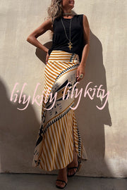 Eva Satin Geometric Print Elastic Waist Maxi Skirt