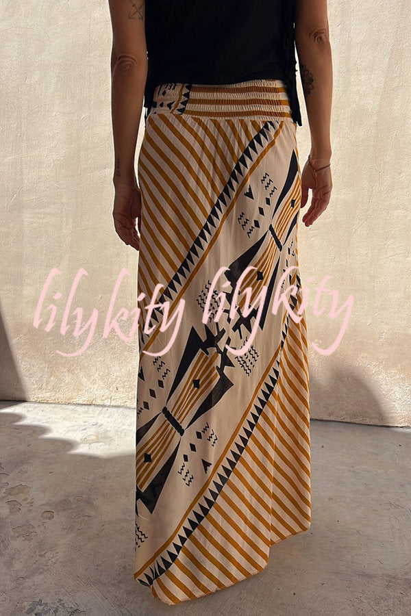 Eva Satin Geometric Print Elastic Waist Maxi Skirt