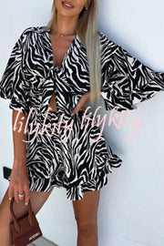 Zebra Print Ruffled Sleeves Dropped Sleeves V Neck Tie High Waist Romper