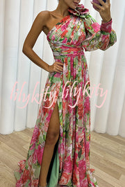 Let's Elope Floral Print Pleated One Shoulder Sleeve Slit Maxi Dress